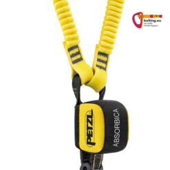 Schwarz gelber Petzl Absorbica Y 150 Bandfalldämpfer mit Logo auf weißem Hintergrund.