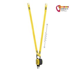 Black and yellow Petzl Absorbica Y 150 tape energy absorber vertically extended against a white background.