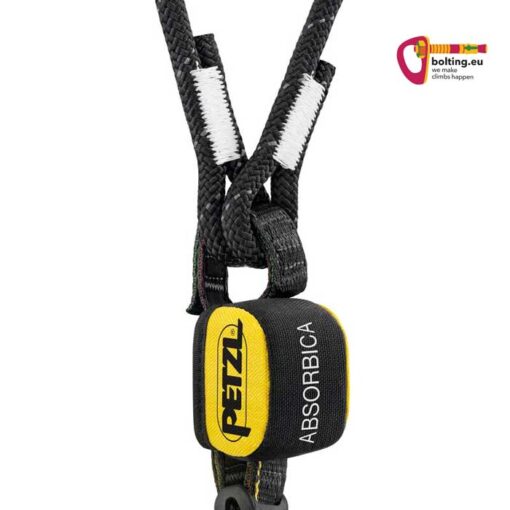 Schwarz gelber Petzl Absorbica Y 80 Bandfalldämpfer mit Logo auf weißem Hintergrund.