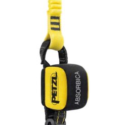 Schwarz gelber Petzl Absorbica - I 150 Bandfalldämpfer mit Logo auf weißem Hintergrund.