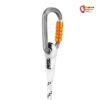 Weiß-schwarzes Absturzsicherung Seil Petzl Axis 11mm mit grau-orangem Karabiner.