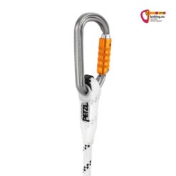 Weiß-schwarzes Absturzsicherung Seil Petzl Axis 11mm mit grau-orangem Karabiner.