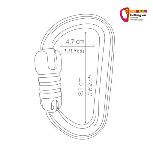 Grafik des Petzl BM´D Karabiner mit Maßen in cm und inches.