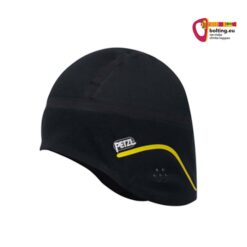 Schwarze Petzl Beanie Mütze für Helme mit gelbem Streifen und Markennamen.