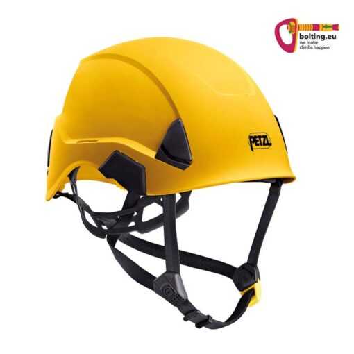 Gelber Petzl Strato Industriekletterhelm auf weißem Quadrat. Rechts oben buntes bolting.eu Logo.