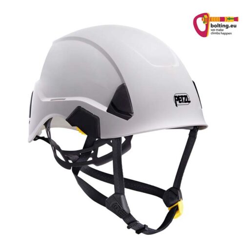 Weißer Petzl Strato Industriekletterhelm auf weißem Quadrat. Rechts oben buntes bolting.eu Logo.