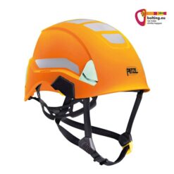 Neon oranger Petzl Strato HI-VIZ Industriekletterhelm von der Seite mit Kinnband. Rechts oben buntes bolting.eu Logo.