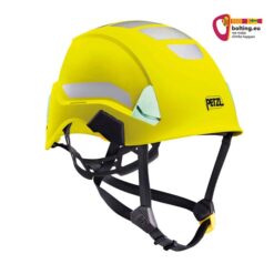 Neon gelber Petzl Strato HI-VIZ Industriekletterhelm von der Seite mit Kinnband. Rechts oben buntes bolting.eu Logo.