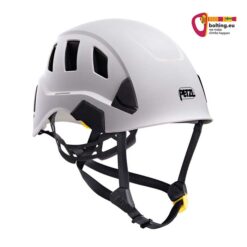 Weisser Petzl Strato Vent Industriekletterhelm von der Seite mit Kinnband. Rechts oben buntes bolting.eu Logo.