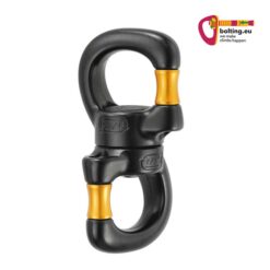 Schwarz-oranger Petzl Swivel open aufrecht vor weißem Hintergrund. Rechts oben buntes bolting.eu Logo.