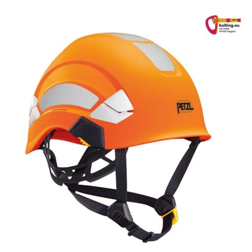 Neon oranger Petzl Vertex Hi-Viz Industriekletterhelm von der Seite. Rechts oben buntes bolting.eu Logo.