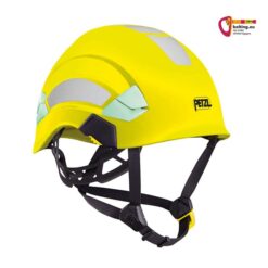 Neon gelber Petzl Vertex Hi-Viz Industriekletterhelm von der Seite. Rechts oben buntes bolting.eu Logo.