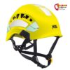 Neon gelber Petzl Vertex Vent HI-VIZ Industriekletterhelm von der Seite mit Kinnband. Rechts oben buntes bolting.eu Logo.