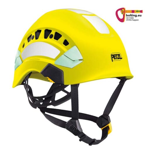 Neon gelber Petzl Vertex Vent HI-VIZ Industriekletterhelm von der Seite mit Kinnband. Rechts oben buntes bolting.eu Logo.