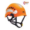 Neon oranger Petzl Vertex Vent HI-VIZ Industriekletterhelm von der Seite mit Kinnband. Rechts oben buntes bolting.eu Logo.