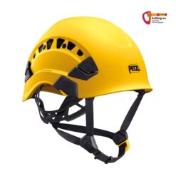 Gelber Petzl Vertex Vent Industriekletterhelm von der Seite mit Kinnband. Rechts oben buntes bolting.eu Logo.