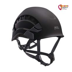 Schwarzer Petzl Vertex Vent Industriekletterhelm von der Seite mit Kinnband. Rechts oben buntes bolting.eu Logo.