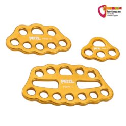 Drei Goldene Petzl Paw Riggingplatten mit weißem Logo und Modellname.