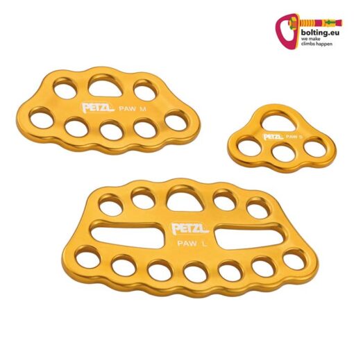 Drei Goldene Petzl Paw Riggingplatten mit weißem Logo und Modellname.