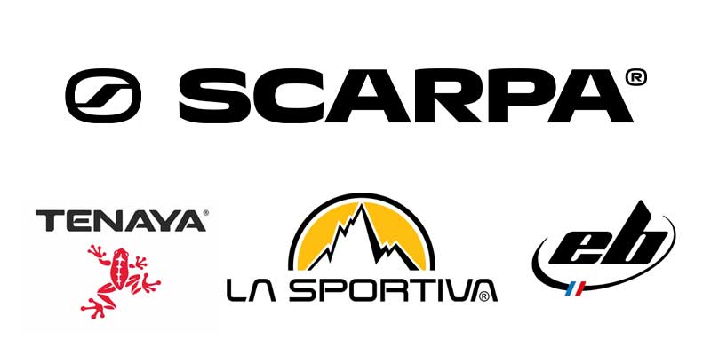 Grafik mit vier Logos der Kletterschuhmarken Scarpa, La Sportiva, Eb und Teaya.