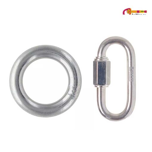 Silberner Abseilring verzinkt mit 8mm Schraubglied verzinkt nebeneinander.