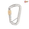 Silberner Austrialpin FERR.DA Edelstahl Schraubkarabiner mit Splint und goldfarbener Messingrolle.