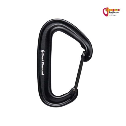 Black Diamond Miniwire Karabiner schwarz mit Drahtschnapper rechts auf weißem Quadrat.