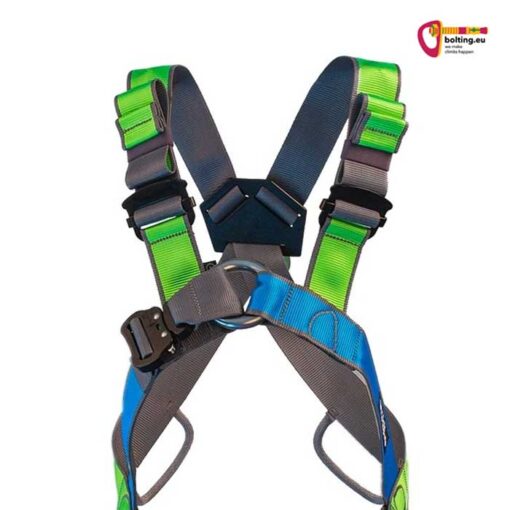 Blau grüner Fallgurt Rock Empire Ronda Speed mit ventralem Anseilring.