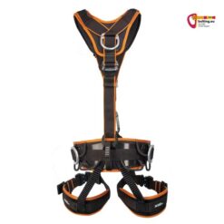 Schwarz oranger Atlas Uni AL Lock Industrieklettergurt XXXL von der Rückseite aufrecht in weißem Quadrat.
