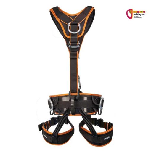 Schwarz oranger Atlas Uni AL Lock Industrieklettergurt XXXL von der Rückseite aufrecht in weißem Quadrat.