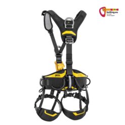 Gelb-schwarzer Petzl Astro Industrieklettergurt vertikal aufgespannt von seiner Rückseite.