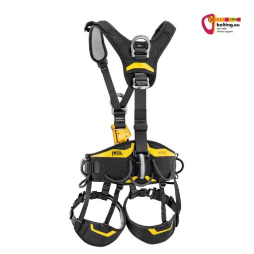 Gelb-schwarzer Petzl Astro Industrieklettergurt vertikal aufgespannt von seiner Rückseite.