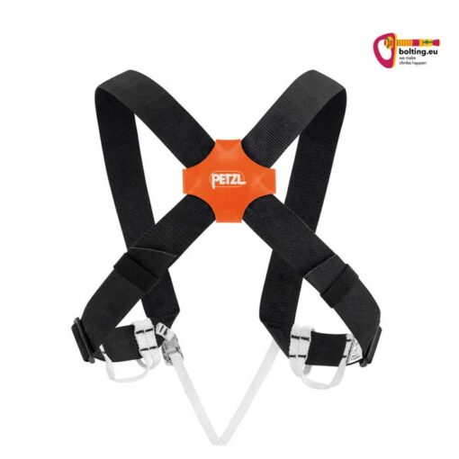 Schwarz oranger Petzl Explo Brustgurt von der Rückseite auf weißem Hintergrund.
