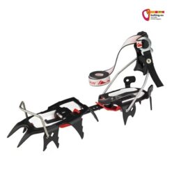 Schwarz-weiss-rotes Austrialpin Skyclimb Steigeisen mit Kipphebel Bindung schräg vor weißem Hintergrund.