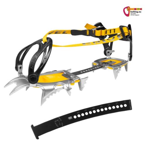 Silbern gelbes Grivel Air Tech Light Wide Steigeisen mit Körbchenbindung für Snowboardschuhe mit schwarzem Steg vor weißem Hintergrund.