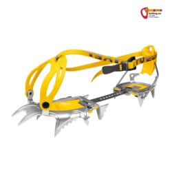 Silbern gelbes Grivel Air Tech Light Wide Steigeisen mit Körbchenbindung für Snowboardschuhe vor weißem Hintergrund.