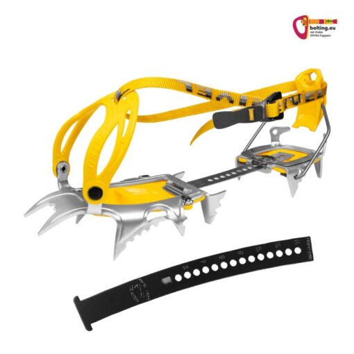 Silbern gelbes Grivel Air Tech Light Wide Steigeisen mit Körbchenbindung für Snowboardschuhe mit schwarzem Steg vor weißem Hintergrund.