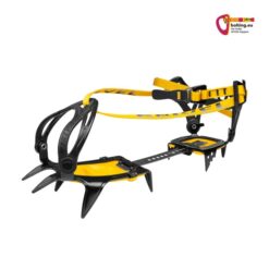 Gelb - schwarzes Grivel G10 Wide Steigeisen für Snowboardschuhe von der Seite vor weißem Hintergrund.