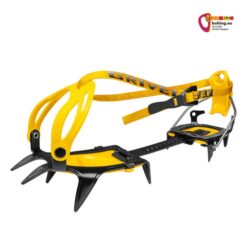 Gelb - schwarzes Grivel G10 Wide Steigeisen für Snowboardschuhe von der Seite vor weißem Hintergrund.