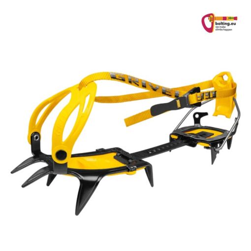 Gelb - schwarzes Grivel G10 Wide Steigeisen für Snowboardschuhe von der Seite vor weißem Hintergrund.
