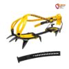 Gelb - schwarzes Grivel G10 Wide Steigeisen für Snowboardschuhe und schwarzer Steg von der Seite vor weißem Hintergrund.