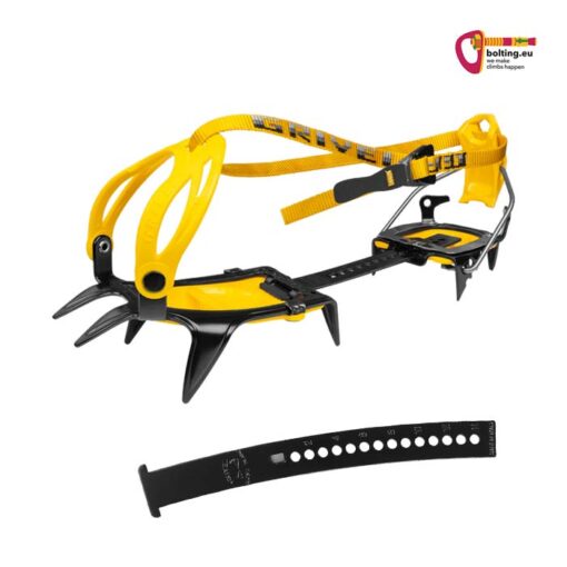 Gelb - schwarzes Grivel G10 Wide Steigeisen für Snowboardschuhe und schwarzer Steg von der Seite vor weißem Hintergrund.