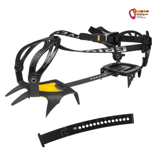 Schwarz gelbes Grivel G1 Steigeisen mit New Classic Evo Bindung und einem Steigeisensteg auf weißem Quadrat.