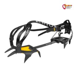 Schwarz gelbes Grivel G1 Steigeisen mit New Matic Evo Bindung auf weißem Quadrat.