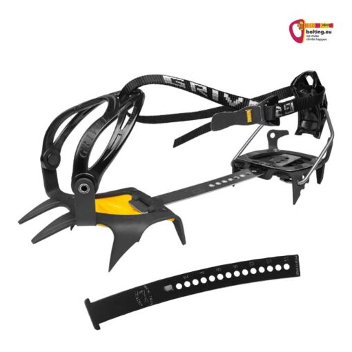 Schwarz gelbes Grivel G1 Steigeisen mit New Matic Evo Bindung und einem Steigeisensteg auf weißem Quadrat.
