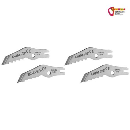 Vier Stück Grivel Katana 22 Plus Front Points von der Seite horizontal übereinander vor weißem Hintergrund.