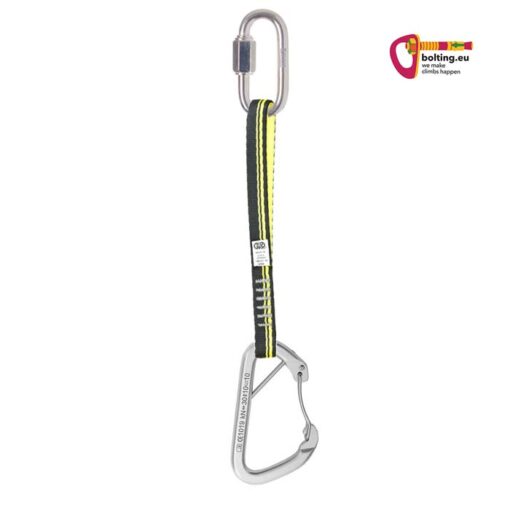 bolting.eu Kletterwand Expressschlinge mit 21cm und gelber Schlinge auf weißem Quadrat.