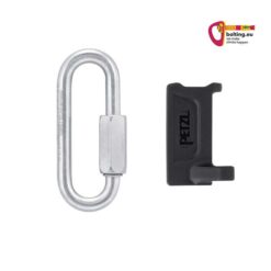 Silbernes Petzl Go 8mm Rapiedglied mit schwarzem K-Link Verdrehschutz auf weißem Quadrat.