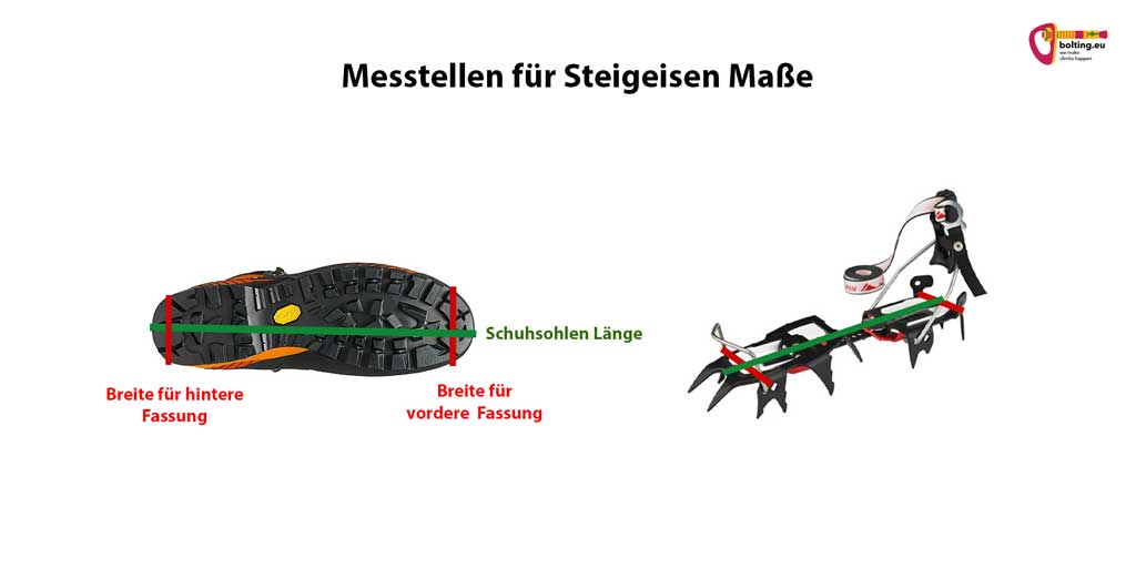 Grafik zur BEstimmung Indikatoren Maße für Steigeisen in Übergröße mit Schuhsohle und Steigeisen.