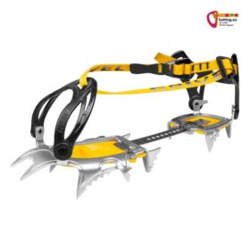 Gelb silbernes Grivel Air Tech Light Steigeisen für Snowboardboots vor weißem Hintergrund.